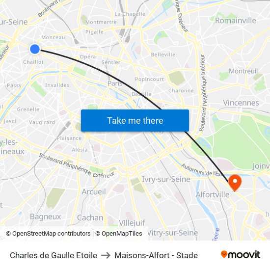 Charles de Gaulle Etoile to Maisons-Alfort - Stade map
