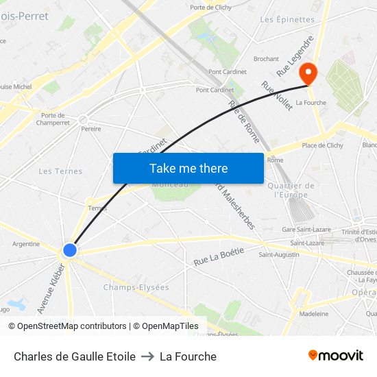 Charles de Gaulle Etoile to La Fourche map