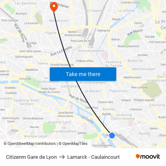 Citizenm Gare de Lyon to Lamarck - Caulaincourt map