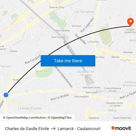 Charles de Gaulle Etoile to Lamarck - Caulaincourt map