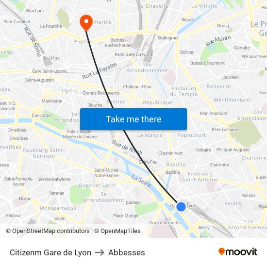 Citizenm Gare de Lyon to Abbesses map