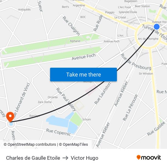 Charles de Gaulle Etoile to Victor Hugo map