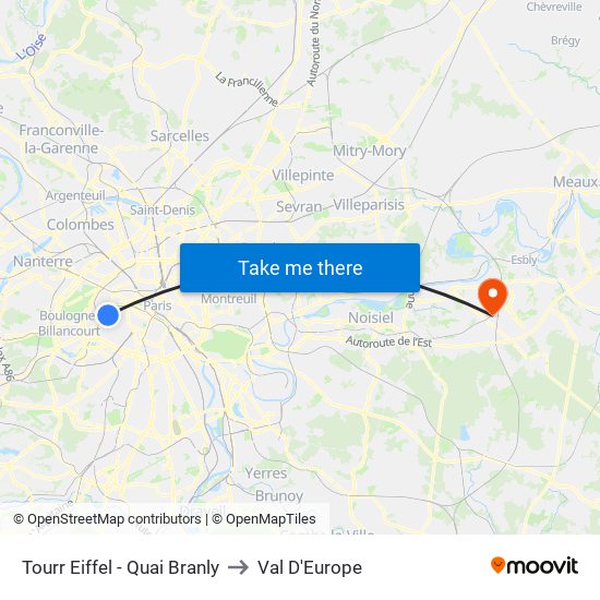 Tourr Eiffel - Quai Branly to Val D'Europe map