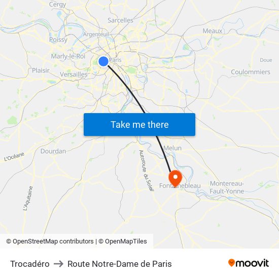 Trocadéro to Route Notre-Dame de Paris map
