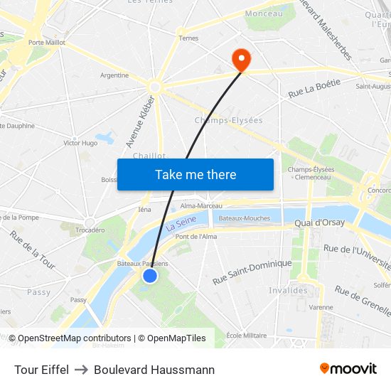 Eiffel Tower to Boulevard Haussmann map