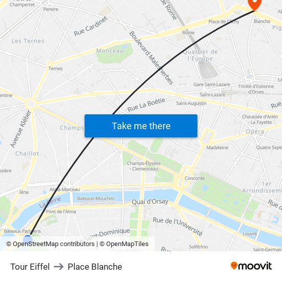 Eiffel Tower to Place Blanche map