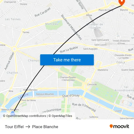 Eiffel Tower to Place Blanche map