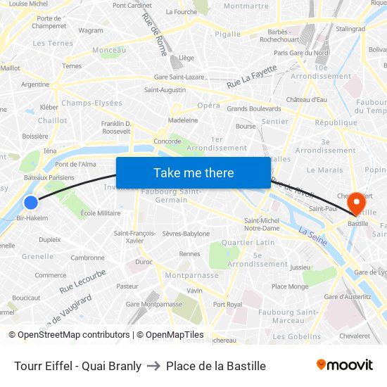 Tourr Eiffel - Quai Branly to Place de la Bastille map