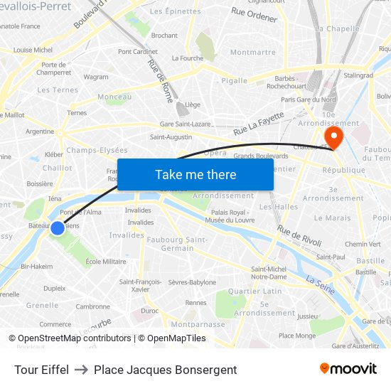Eiffel Tower to Place Jacques Bonsergent map
