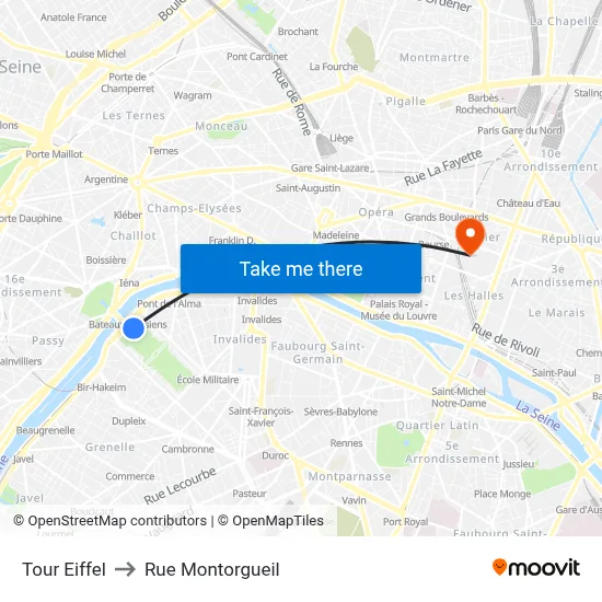 Eiffel Tower to Rue Montorgueil map