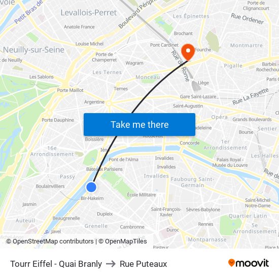 Tourr Eiffel - Quai Branly to Rue Puteaux map
