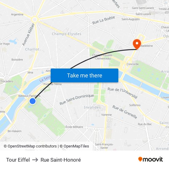 Eiffel Tower to Rue Saint-Honoré map