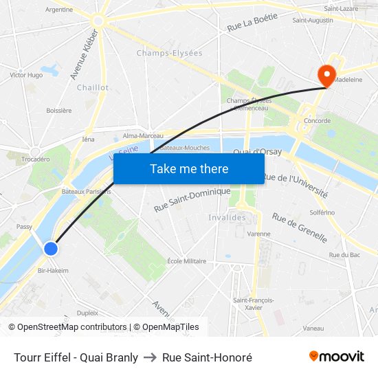 Tourr Eiffel - Quai Branly to Rue Saint-Honoré map