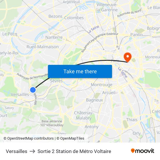 Versailles to Sortie 2 Station de Métro Voltaire map