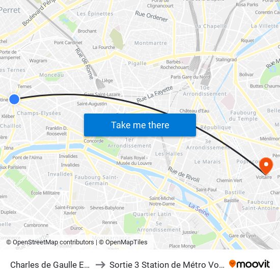 Charles de Gaulle Etoile to Sortie 3 Station de Métro Voltaire map