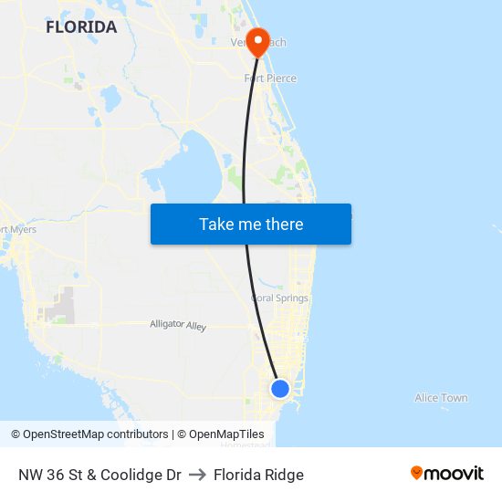 NW 36 St & Coolidge Dr to Florida Ridge map