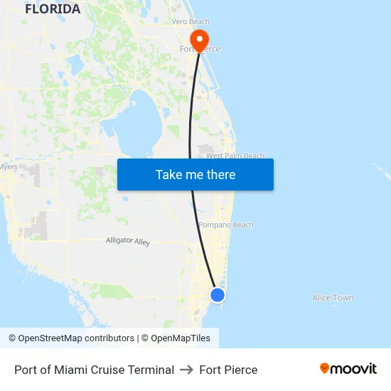 Port of Miami Cruise Terminal to Fort Pierce map