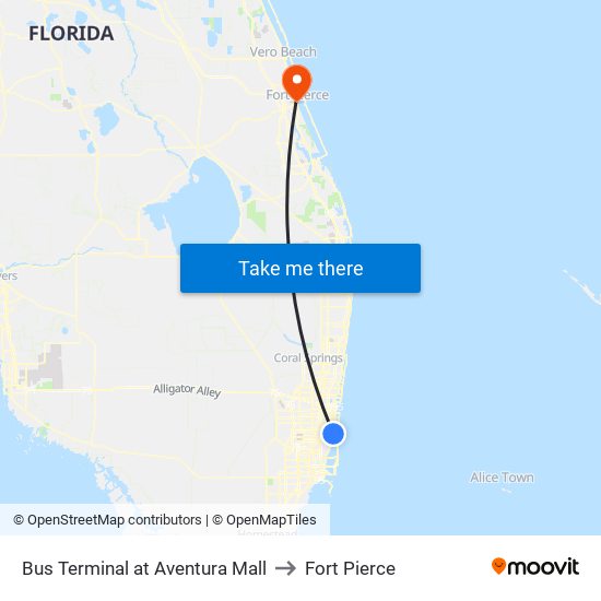 Bus Terminal at Aventura Mall to Fort Pierce map