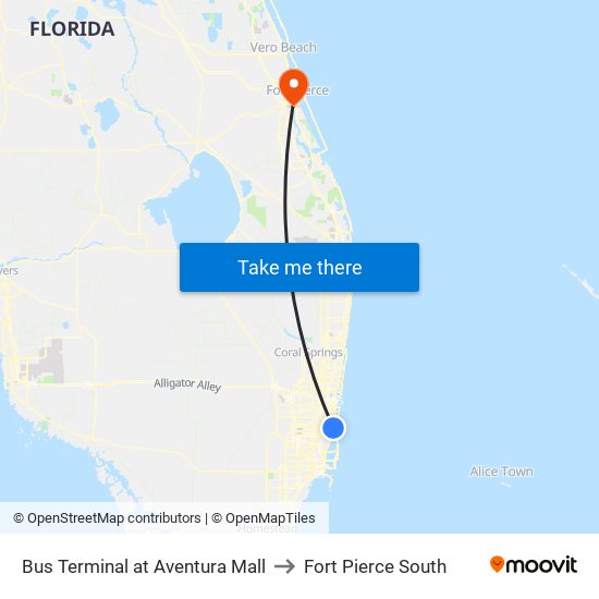 Bus Terminal at Aventura Mall to Fort Pierce South map