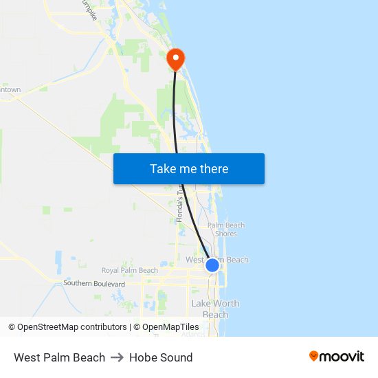 West Palm Beach to Hobe Sound map