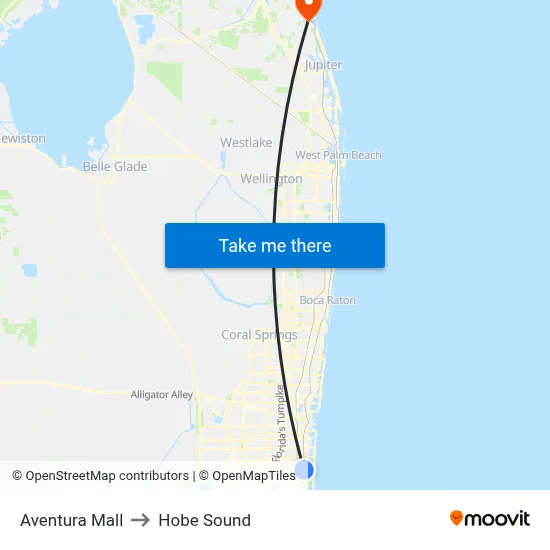 Aventura Mall to Hobe Sound map