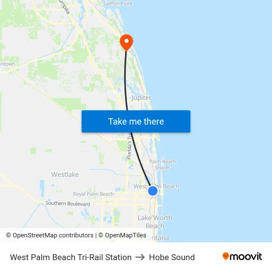 West Palm Beach Tri-Rail Station to Hobe Sound map