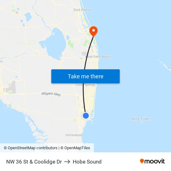 NW 36 St & Coolidge Dr to Hobe Sound map