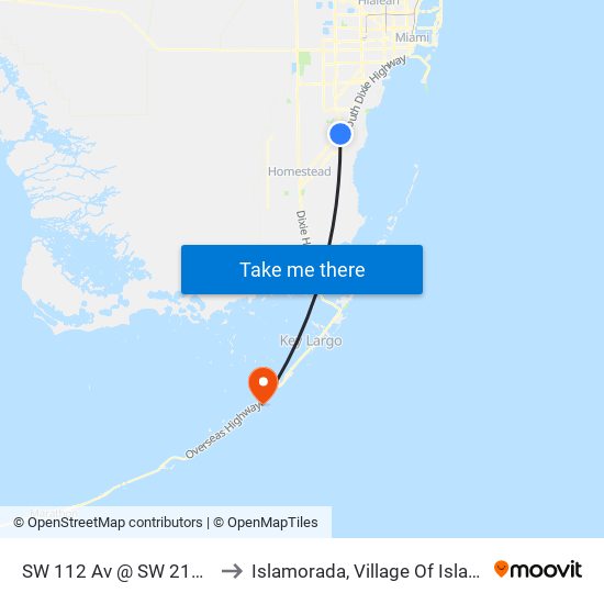 SW 112 Av @ SW 211 St to Islamorada, Village Of Islands map