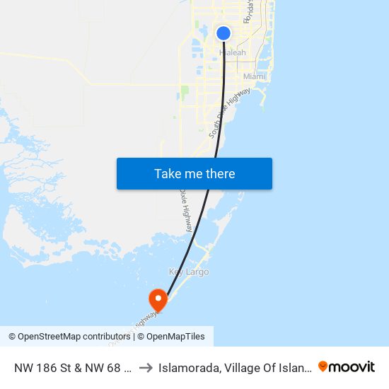 NW 186 St & NW 68 Av to Islamorada, Village Of Islands map