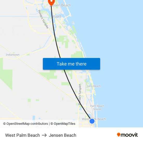 West Palm Beach to Jensen Beach map