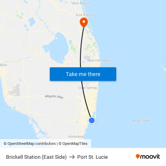 Brickell Station (East Side) to Port St. Lucie map