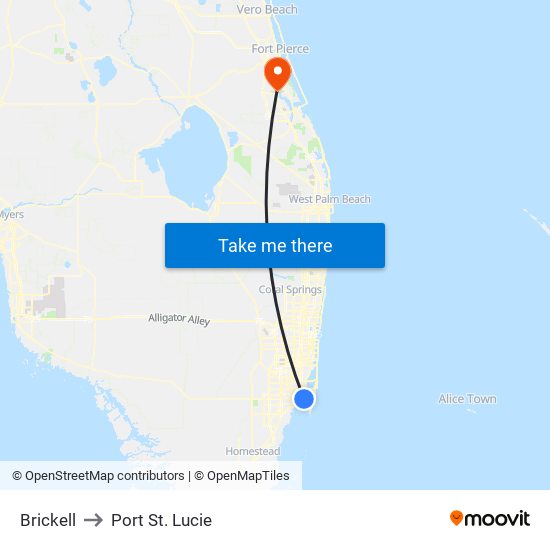 Brickell to Port St. Lucie map