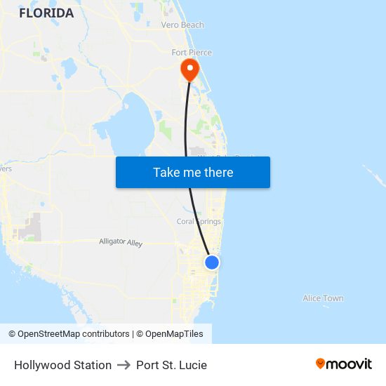 Hollywood Station to Port St. Lucie map