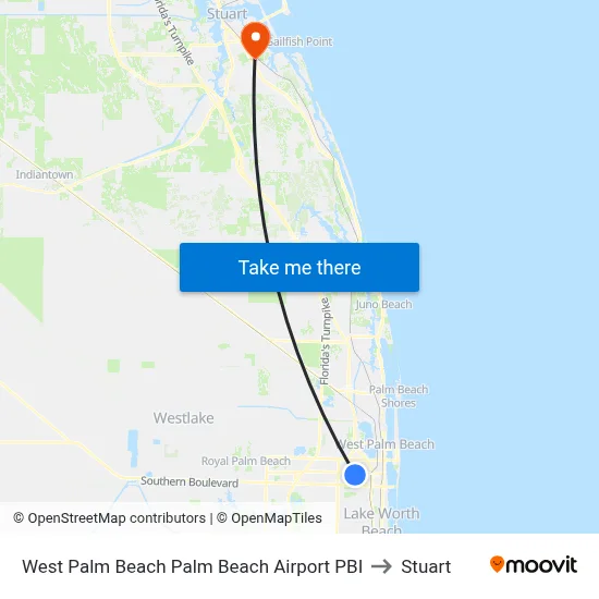 West Palm Beach Palm Beach Airport PBI to Stuart map