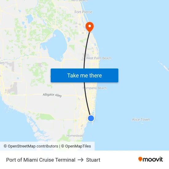Port of Miami Cruise Terminal to Stuart map