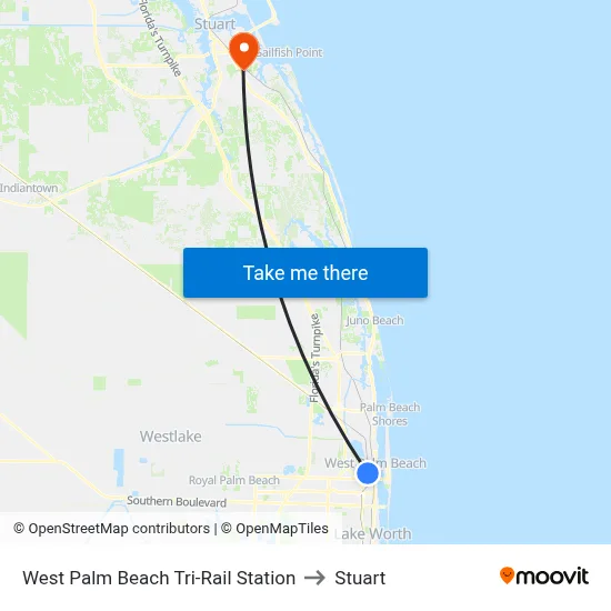 West Palm Beach Tri-Rail Station to Stuart map