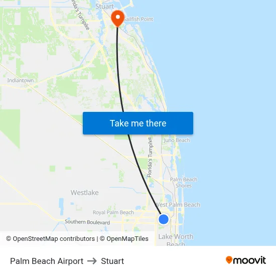 Palm Beach Airport to Stuart map