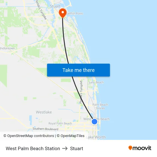 West Palm Beach Station to Stuart map
