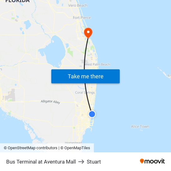 Bus Terminal at Aventura Mall to Stuart map
