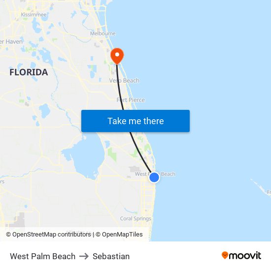 West Palm Beach to Sebastian map