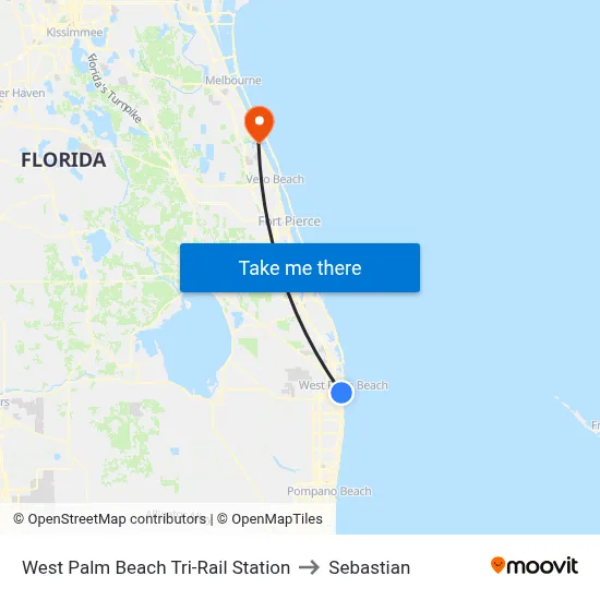West Palm Beach Tri-Rail Station to Sebastian map