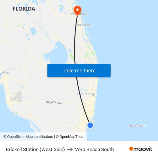 Brickell Station (West Side) to Vero Beach South map