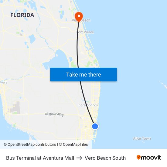 Bus Terminal at Aventura Mall to Vero Beach South map