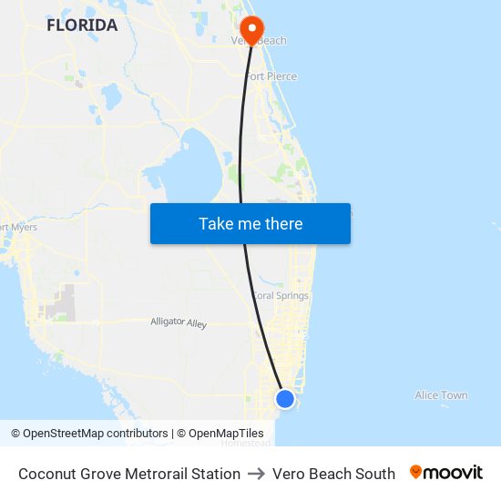 Coconut Grove Metrorail Station to Vero Beach South map