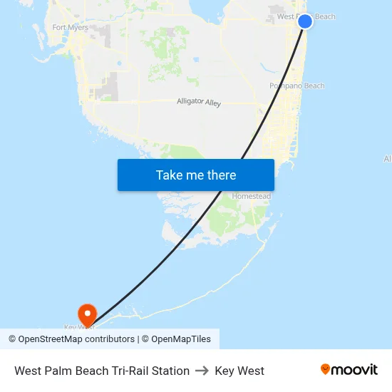 West Palm Beach Tri-Rail Station to Key West map