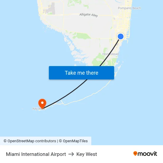Miami International Airport to Key West map
