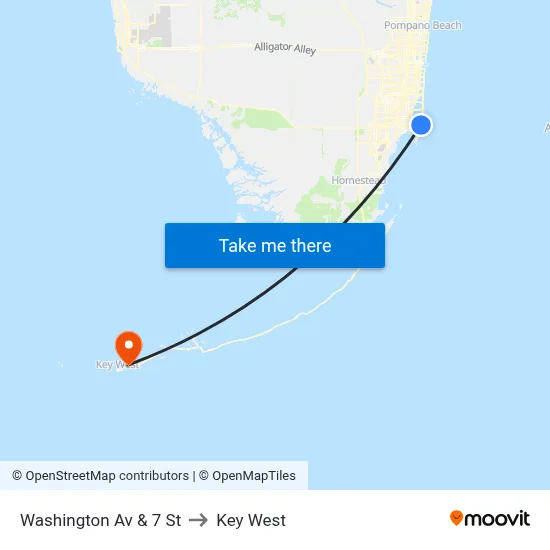 Washington Av & 7 St to Key West map