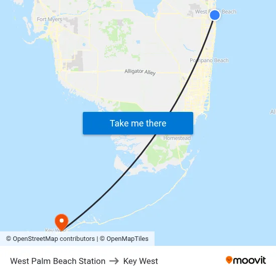 West Palm Beach Station to Key West map