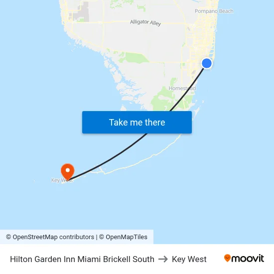 Hilton Garden Inn Miami Brickell South to Key West map