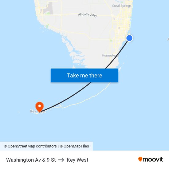 Washington Av & 9 St to Key West map